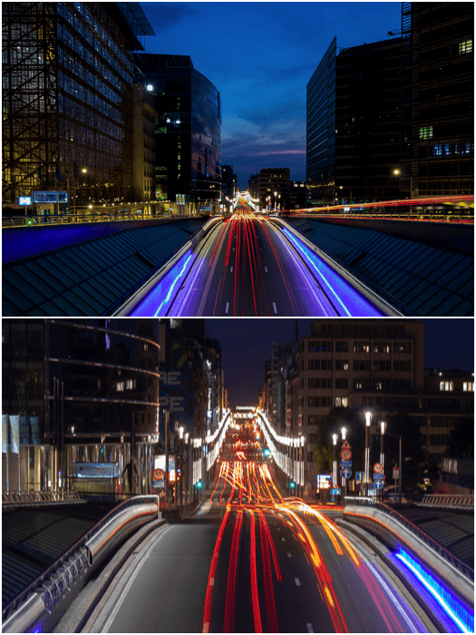 diptych of two light trail photos shot with different focal lengths 