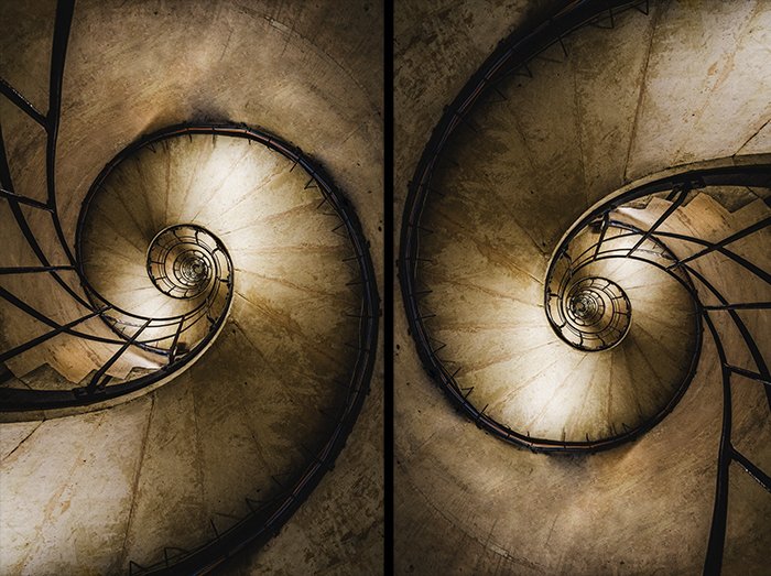 Diptych of a rotated spiral staircase