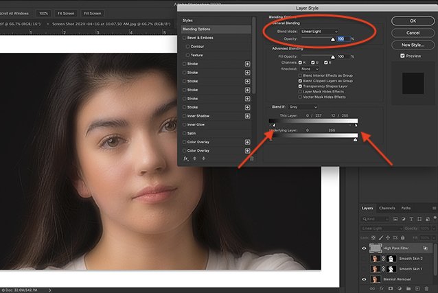 Screenshot of Photoshop workspace showing Blending Options dialogue box and results with smoothened skin.