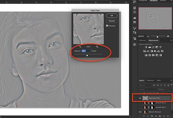 Screenshot of Photoshop workspace showing High Pass filter dialogue box and results.