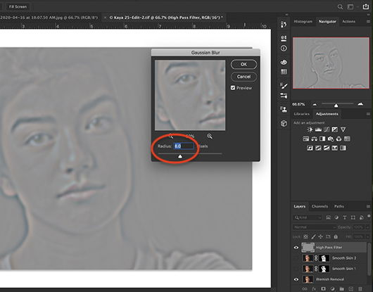 Screenshot of Photoshop workspace showing Gaussian Blur dialogue box and results.