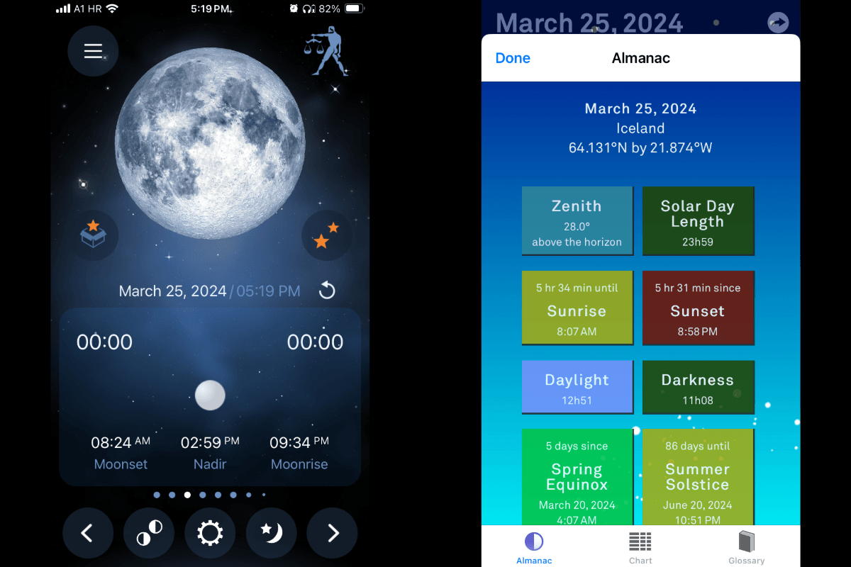 Screenshots of the Deluxe Moon and Sol apps to find the Milky Way showing a full moon phase and times of full darkness in Iceland