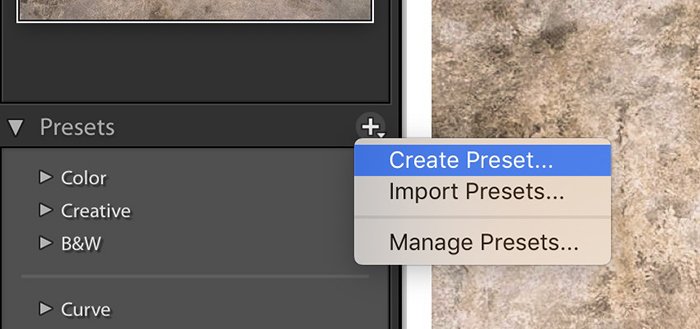 Lightroom screenshot showing how to create a preset.