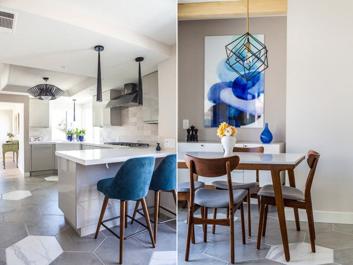An interior photography diptych of a kitchen and dining room