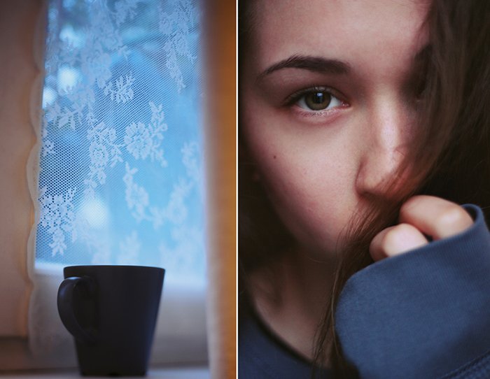 Diptych indoor photography ideas of a coffee cup and a girls face 
