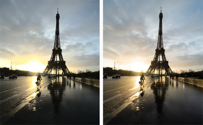 Eiffel tower diptych side by side editing comparison between Darktable (left) with Lightroom (right).