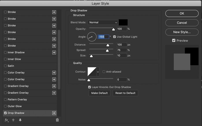 Screenshot of drop shadow dialog box in Photoshop