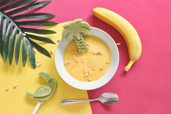 Tropical themed food advertising flat lay