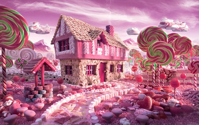 A house made of candy with lollipop trees 