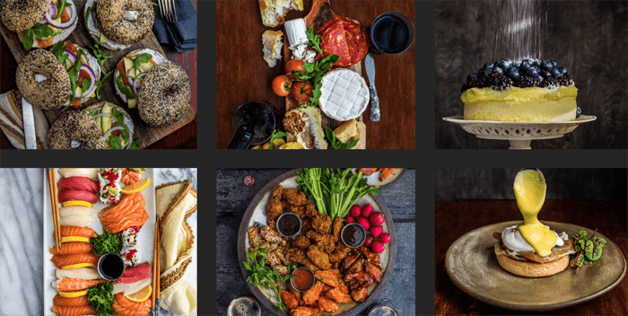 A 6 photo grid of delicious food dishes