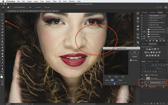 Screenshot of editing a portrait with frequency separation in Photoshop