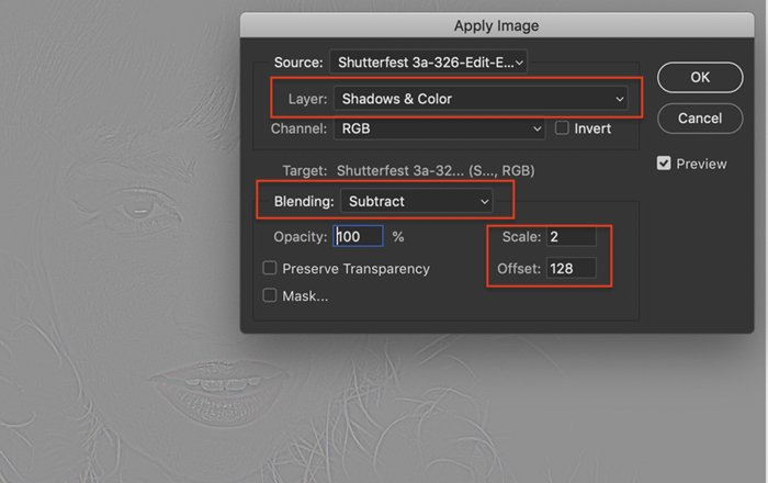 Screenshot of Apply Image dialog box showing settings for Layer, Blending, Scale, and Offset, in Photoshop