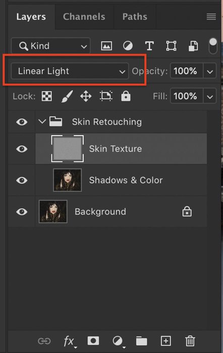 Screenshot of Linear Light highlighted in Photoshop layers panel
