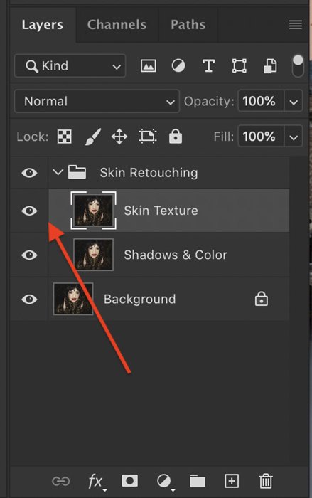 Screenshot of turning on and selecting high-frequency layer in Photoshop layers panel