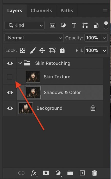A screenshot of selecting the low-frequency layer in Photoshop layers panel