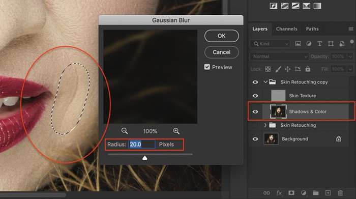 Screenshot of editing a portrait with gaussian blur in Photoshop
