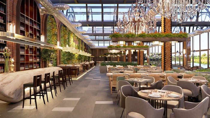 Interior of a lavish hotel dining room