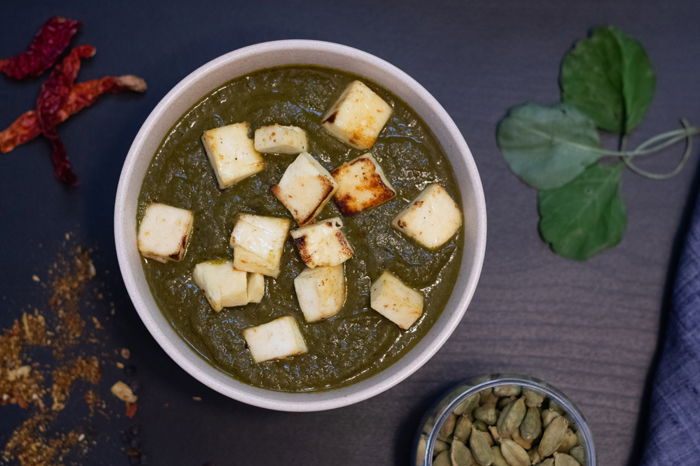 Flat lay Indian food photography of a Paneer curry 