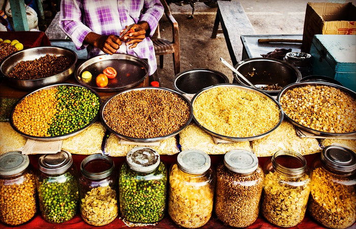 Indian food and spices at a market vendor 