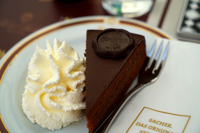 Close up of a slice of chocolate cake and whipped cream