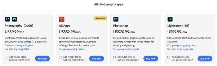 Screenshot of Adobe purchasing options
