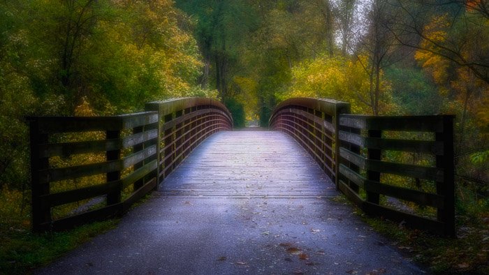 photo of a bridge in a forest with orton effect