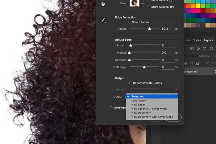 A screenshot showing how to refine edges in Photoshop on a portrait of a female model
