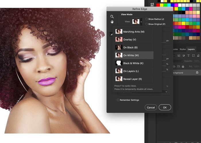 A screenshot showing how to refine edges in Photoshop on a portrait of a female model