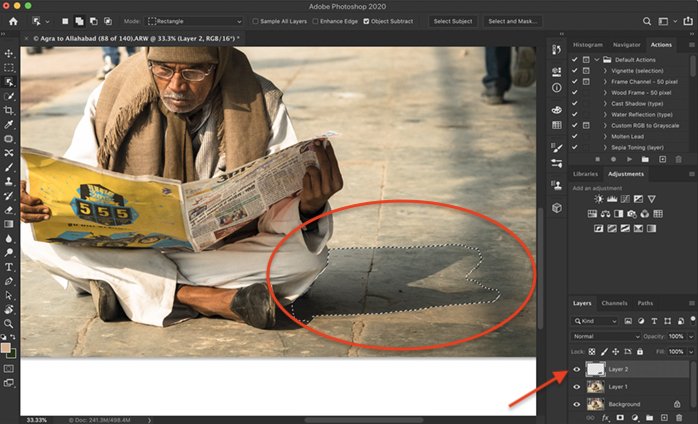 Screenshot of Photoshop. Shows shadow selected and copied onto a new layer