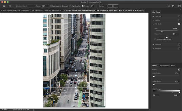 Screenshot of Photoshop workspace. Shows blur gallery workspace with tilt-shift blur applied.