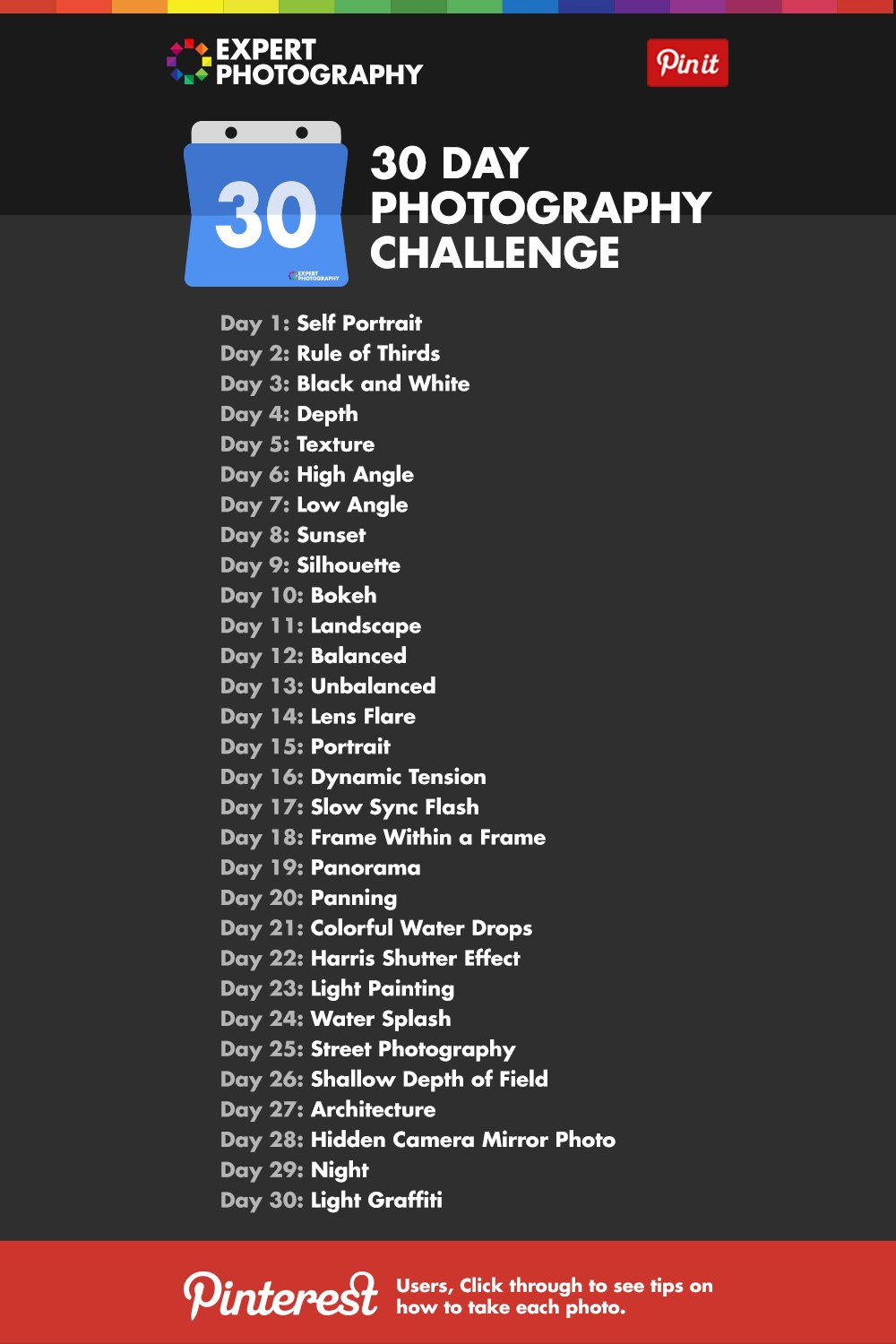 Graphic listing ExpertPhotography's 30-day photography challenge
