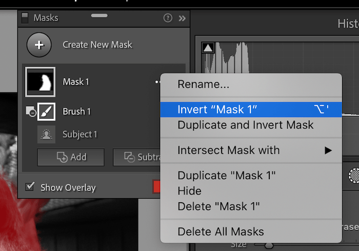 Screenshot of a menu selection to invert a mask in Adobe Lightroom Classic