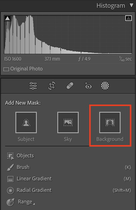 Screenshot of Background mask selection in the latest version of Adobe Lightroom