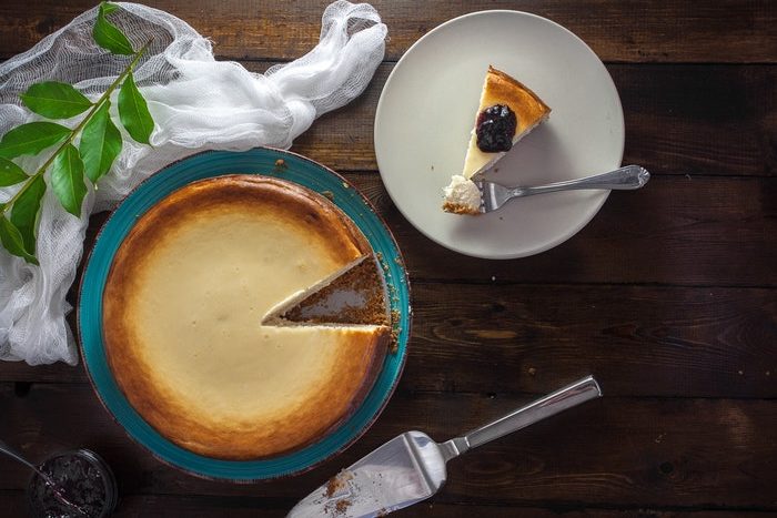 Flat lay photo of a delicious baked cheese cake