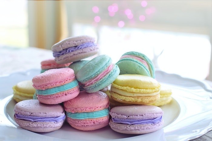 A plate of pastel colored macaroons