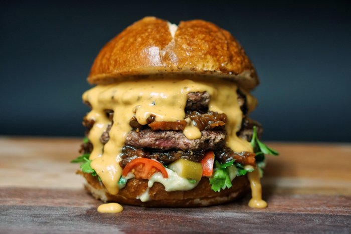 Low-angle photo of a hamburger
