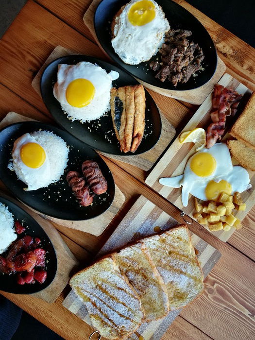 Overhead shot of plates of brunch