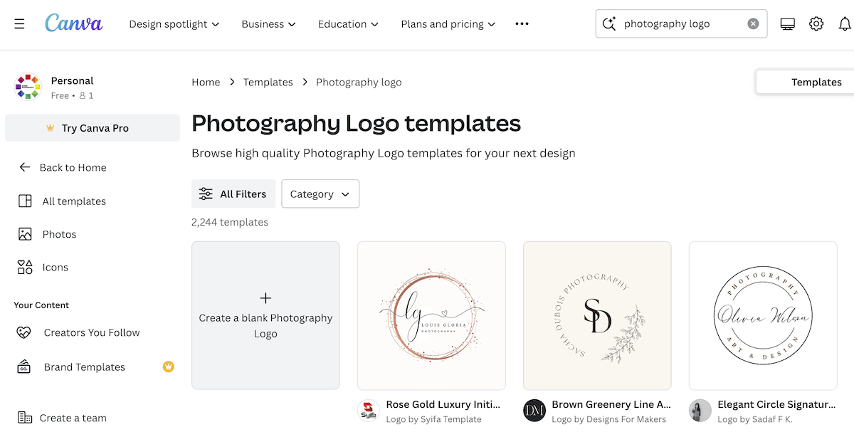 Screenshot of Canva photography logo templates for how to make a watermark