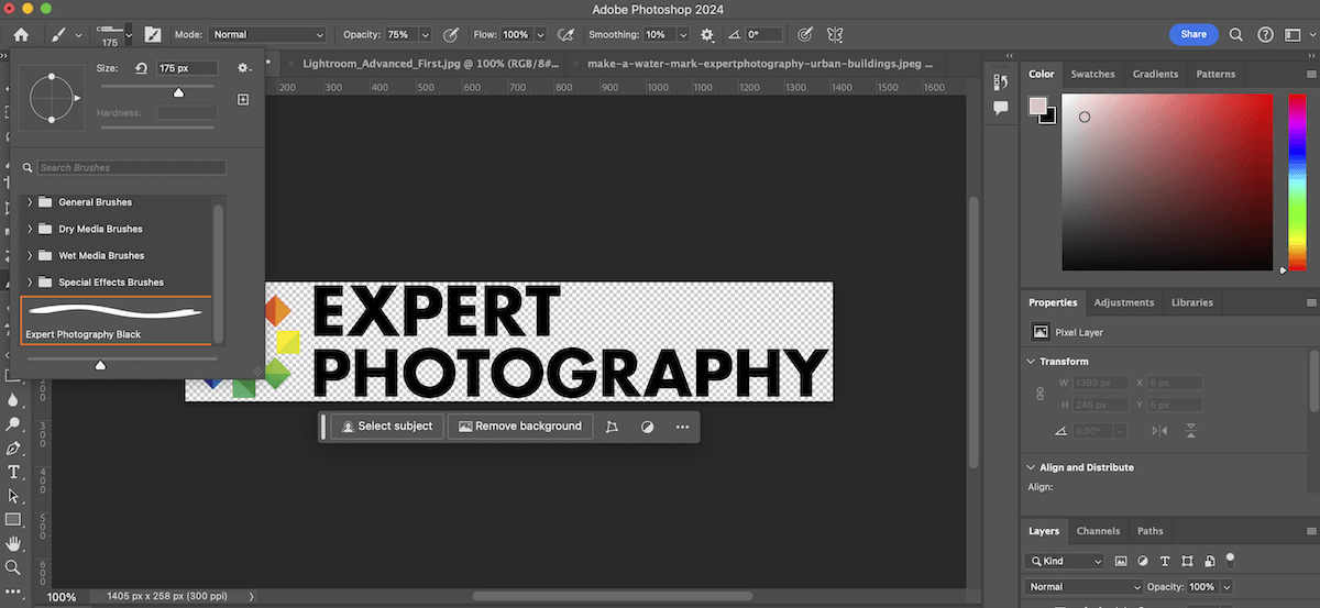 Screenshot of Photoshop interface with ExpertPhotography logo and brush preset picker for how to make a watermark
