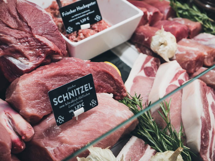 Different cuts of meat in a butchers shop