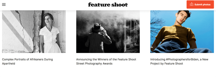 Screenshot of the Feature Shoot photography blog homepage