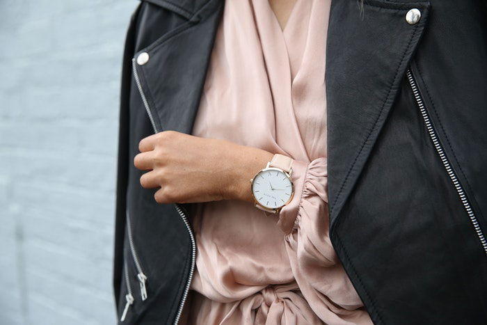 Close up stock photo of a girl in a leather jacket