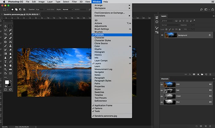 Screenshot of the color channel palette window in Photoshop