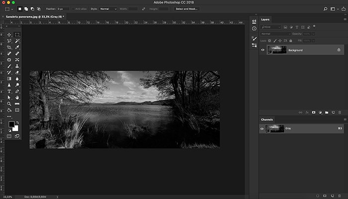 A screenshot of using greyscale color mode in Photoshop
