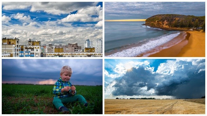 Four pictures showing different cloud formations above a city, landscapes, and a child