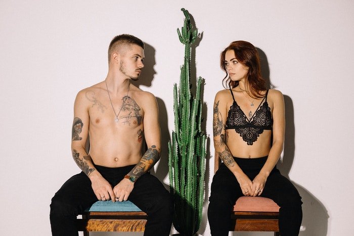 A tattooed couple sitting on stools with a large cactus between them