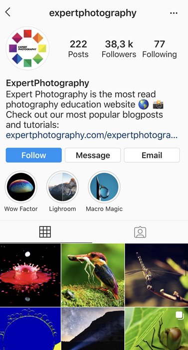 Screenshot of Expertphotographys Instagram page