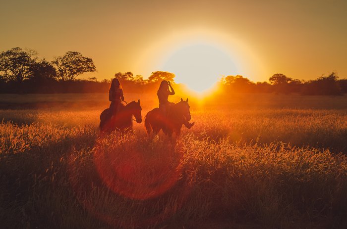 Example of lens flare in an image of two people horseriding