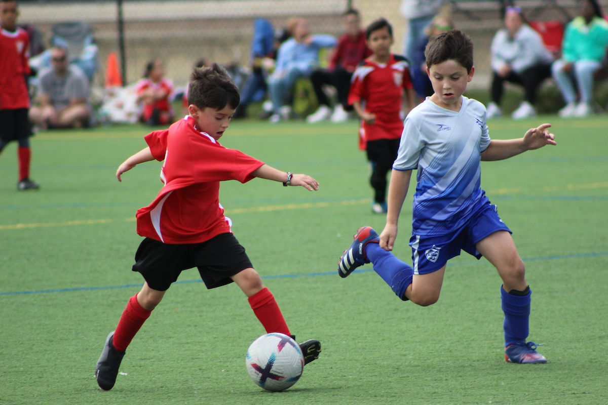 Two kids playing soccer on a playing field