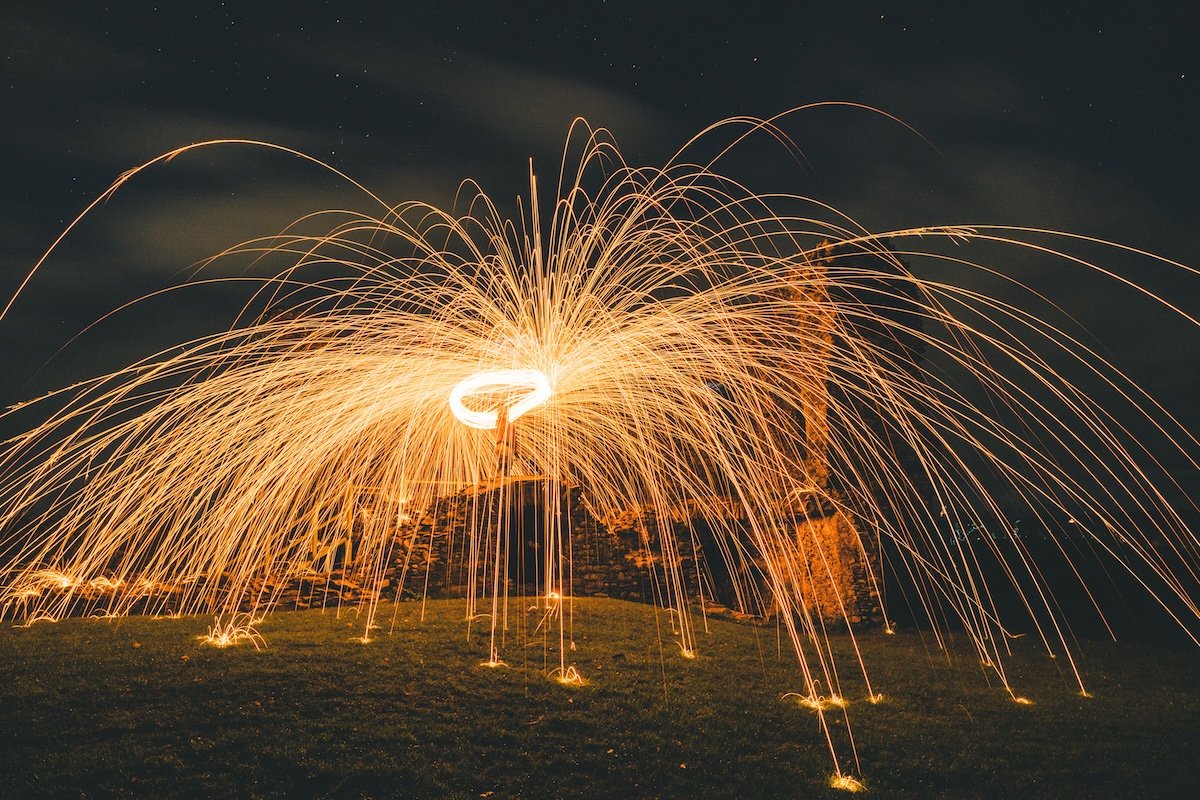 Yellow arcs of light and sparks at night in a steel wool photography image